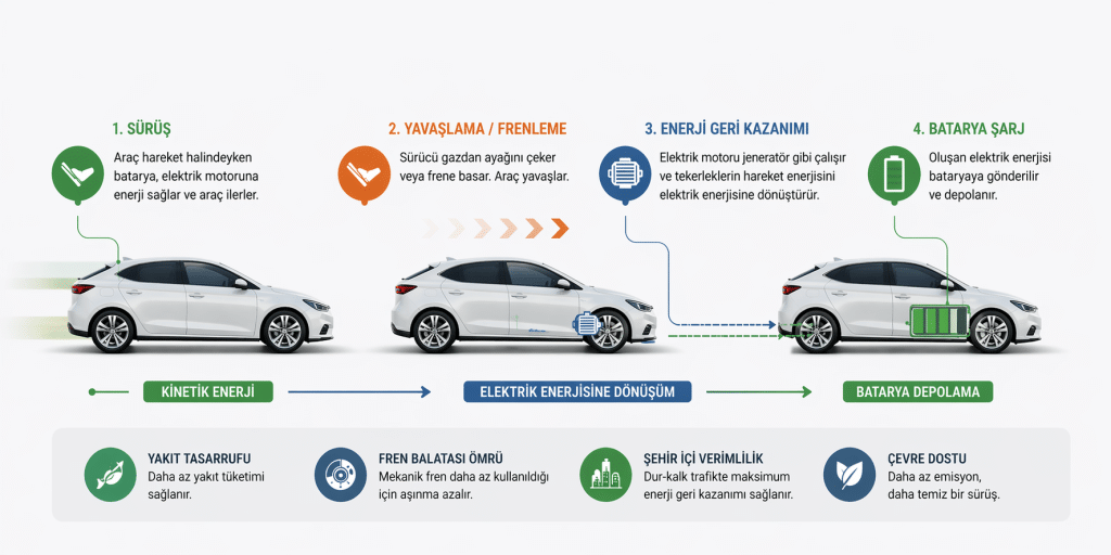 Rejeneratif Frenleme Nedir? Hibrit ve Elektrikli Araçlarda Nasıl Çalışır? 1 rejeneratif arac calismasini gosteren infografik